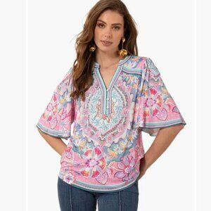 Hale Bob Kaitlyn Jersey Top Pink Blue Floral V Neck Size M